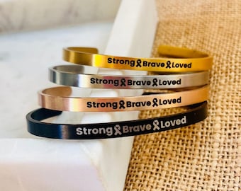 Engraved 'Strong' Stainless Steel Cuff Bracelet: Cancer Awareness Jewelry