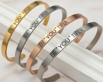 Engraved Cuff Bracelet – "Be YOU tiful" Inspirational Quote Bangle