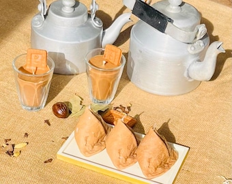 Chai & Samosa Soy Wax Candles – Indian Tea Time Decor, Housewarming Gift