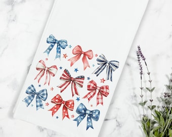 Patriotic Bows Kitchen Tea Towel Available in Flat or Waffle Weave, 4th of July, Independence Day, Memorial Day