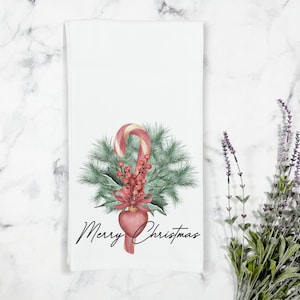 Merry Christmas Candy Cane Greenery Kitchen Tea Towel, Kitchen Towel, Merry Christmas Tea Towel, Christmas Kitchen Decor, Stocking Stuffers