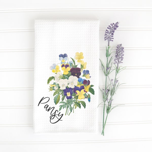 Pansy Flower Waffle Weave Tea Towel 16"x24", Spring Tea Towel, Kitchen Gift, Gift for Gardener, Kitchen Decor, Floral Dish Towel, Wildflower