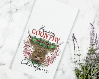 Merry Country Christmas Cow Tea Towel, Kitchen Towel, Farmhouse Christmas, Christmas Kitchen Decor, Country Kitchen Decor, Farm Christmas