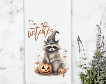 It's October Witches Halloween Witch Kitchen Tea Towel, Halloween Tea Towel, Halloween Decor, Fall Kitchen Decor, Raccoon Witch with Pumpkin
