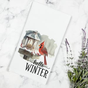 Hello Winter Cardinal Kitchen Tea Towel, Holiday Gift, Winter Kitchen Decor, Cardinal Gift, Bird Kitchen Decor, Winter Cardinal, Cardinals