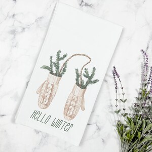 Hello Winter Mitten Dish Tea Towel, Winter Kitchen Towel, Farmhouse Winter Tea Towel, Winter Kitchen Decor, Holiday Tea Towel, Winter Decor