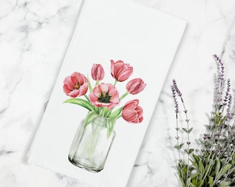 Spring Tulips in Mason Jar Kitchen Tea Towel, Spring Kitchen Towel, Dish Towel, Farmhouse Kitchen, Flower Tea Towel, Tulip Tea Towel