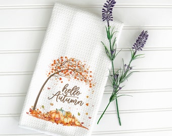 Hello Autumn Fall Tea Towel 16"x24", Tier Tray Decor, Autumn Farmhouse Decor, Fall Tea Towel, Thanksgiving Tea Towel, Fall Kitchen Towel