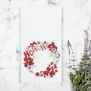Christmas Ho Ho Ho Wreath Tea Towel, Kitchen Towel, Farmhouse Christmas, Christmas Kitchen Decor, Christmas gift kitchen, Santa Tea Towel