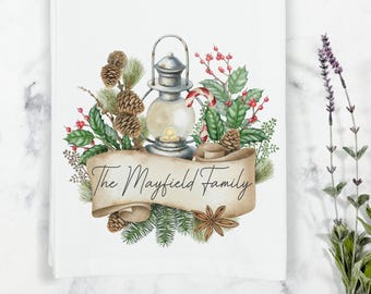 Personalized Christmas Lantern Tea Towel, Kitchen Towel, Custom Tea Towel, Farmhouse Christmas, Christmas Kitchen Decor, Secret Santa Gift