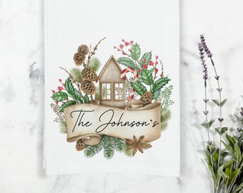 Personalized Christmas Family Name Tea Towel, Kitchen Towel, Custom Tea Towel, Christmas Kitchen Decor, Secret Santa Gift, Neighbor Gift