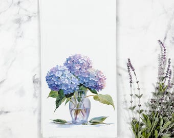Blue Hydrangea Flower in Vase Tea Towel, Spring Tea Towel, Kitchen Gift, Gardener Gift, Kitchen Decor, Floral Dish Towel,Hydrangea Tea Towel