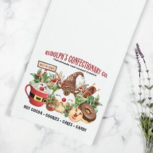 Christmas Rudolph Confectionary Bakery Tea Towel, Kitchen Towel, Christmas Kitchen Decor, Reindeer Tea Towel, Christmas Cookie Tea Towel