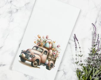 May include: A pink vintage pickup truck filled with pastel Easter eggs and spring flowers. The truck is on a white background.