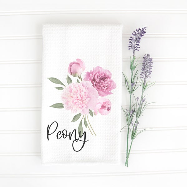 Peony Flower Waffle Weave Tea Towel 16"x24", Spring Tea Towel, Kitchen Gift, Gift for Gardener, Kitchen Decor, Floral Dish Towel, Wildflower