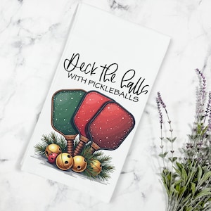 Deck the Halls with Pickleballs Christmas Tea Towel, Pickleball Kitchen Decor, Secret Santa Gift, Pickleball team gift, Pickleball Tea Towel