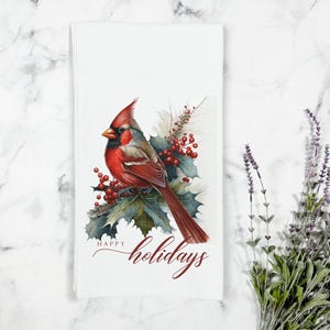 Cardinal Happy Holidays Kitchen Tea Towel, Holiday Gift, Christmas Kitchen Decor, Cardinal Gift, Bird Kitchen Decor, Happy Holidays Gift