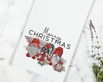 Merry Christmas Gnome Trio Kitchen Tea Towel, Stocking Stuffer Gift, Christmas Kitchen Decor, Gnome Tea Towel, Christmas Tea Towel, Gnomes
