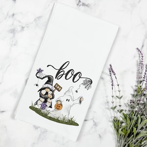 Boo Witch & Ghost Gnome Halloween Kitchen Tea Towel, Halloween Gnome Tea Towel, Halloween Tier Tray Decor, Witch Tea Towel, Ghost Tea Towel