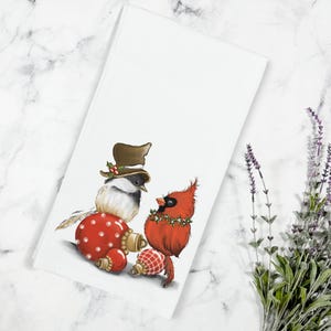 Chickadee Cardinal Christmas Kitchen Tea Towel, Kitchen Towel, Cardinal Tea Towel, Chickadee Towel, Christmas Kitchen Decor,Stocking Stuffer