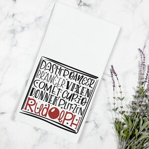 Christmas Reindeer Names Kitchen Tea Towel, Kitchen Towel, Christmas Kitchen Decor, Stocking Gift, Christmas Kitchen Decor,Rudolph Tea Towel