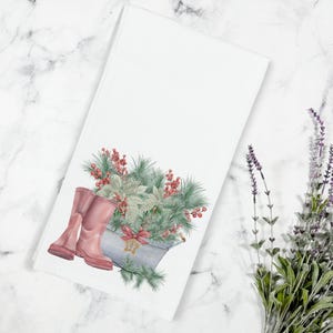 Christmas Greenery with Boots Kitchen Tea Towel, Kitchen Towel, Merry Christmas Tea Towel, Christmas Kitchen Decor, Stocking Stuffer Gift