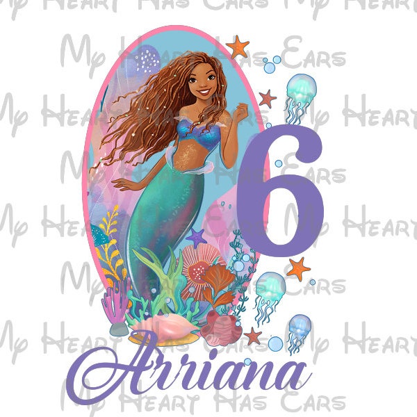 Ariel the little mermaid black 2023 Birthday image ANY NAME NUMBER png digital file sublimation print Waterslide t-shirt design