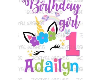 Einhorn Gesicht Geburtstag Mädchen Bild personalisiert ANY NAME NUMBER png Clipart digitale Datei Sublimationsdruck Waterslide Tshirt Design