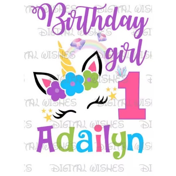 Unicorn face birthday girl image personalized ANY NAME NUMBER png clipart digital file sublimation print Waterslide tshirt design