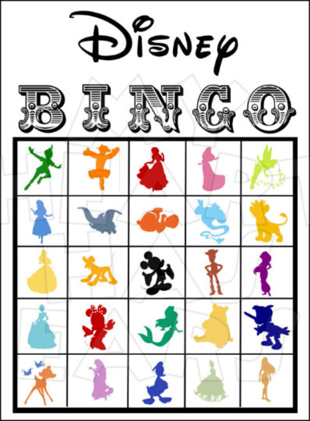25 Bingo Game Cards WDW Mickey Mouse Character Digital Files - Etsy