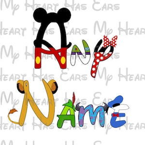 Any name or text in a word Character font Mickey Minnie Mouse fab 5 image png digital file sublimation print Waterslide tshirt design