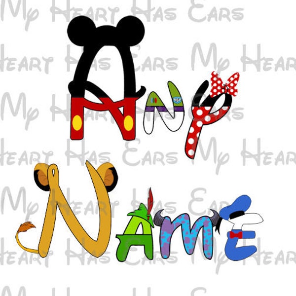 Any name or text in a word Character font Mickey Minnie Mouse fab 5 image png digital file sublimation print Waterslide tshirt design