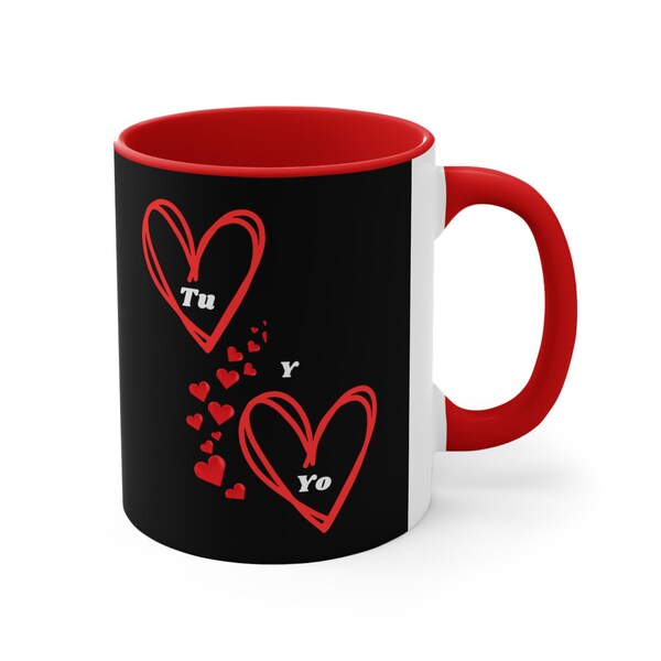 Tu Y Yo Coffee mug, 11oz, Latina Valentine. You and I hearts.