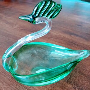 Vintage 1960s Rossini Green And Clear Hand Blown Glass Art Swan Figurine Made In Japan