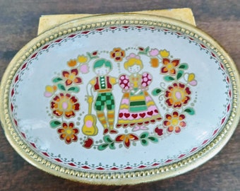 1950s Sankyo Oval Musical Trinket Box Gold Tone Enamel Brass Japan Hand Painted Floral Design with Man and Woman  ** Rare find **