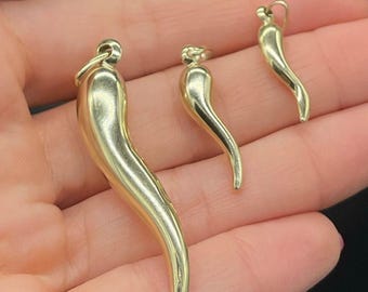 Colar de proteção com pingente de chifre italiano Cornicello em ouro 10K, ouro amarelo verdadeiro | Todos os tamanhos | Pingente de ouro unissex