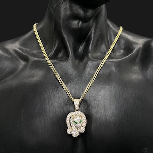 14K Solid Gold Diamond Panther Pendant Emerald Eye Charm 1" Leopard Tiger Feline Charms & 14K Real Gold Miami Cuban Chain