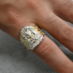 Real 10K Solid Gold Men&#39;s Jesus Head Nugget Ring CZ Real Solid 10K Yellow White Gold Large Men&#39;s Ring | All Sizes | 10K Solid Gold Ring