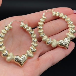 10K Real Gold Puffed Graduated Twisted Heart Diamond Cut Hoop Earrings Real 10K Yellow Gold 2&quot; | Perfect Gift for Her 50mm 65mm