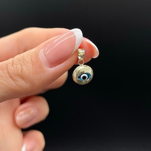 14K Gold 3D Evil Eye Pendant Good Luck Round Puffed Charm Real Ocean Blue | Protection Jewelry