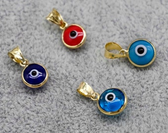 Pingente de mau-olhado azul escuro em ouro verdadeiro 14K com pingente redondo de boa sorte | Joias de proteção | Azul-marinho, vermelho, turquesa e azul-oceano