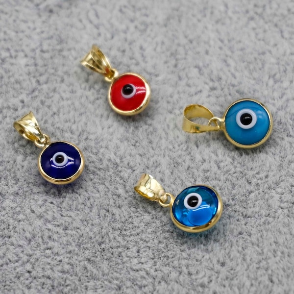 14K Real Gold Puffed Dark Blue Evil Eye Pendant Good Luck Round Charm | Protection Jewelry | Navy Red Turquoise and Ocean Blue
