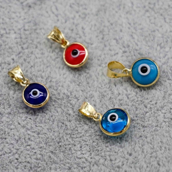 14K Echtgold Puffed dunkelblau Evil Eye Anhänger Glück runden Charme | Schutz Schmuck | Navy Rot Türkis und Ozean Blau