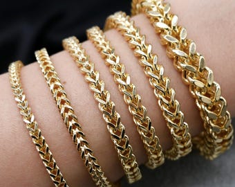 14K Real Gold Franco Bracelet - 14K Yellow Gold Bracelet – 14K Dainty Real Gold Chain Bracelet or Men Women – Minimalist Fine Jewelry Gift