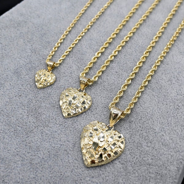 10K Gold Nugget Heart Pendant Necklace | Diamond Cut Rope Chain
