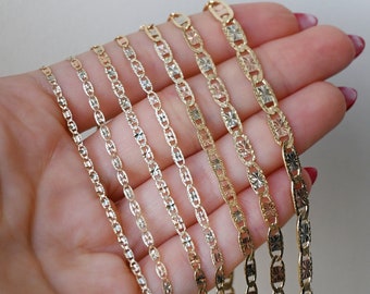 14K Solid Gold Valentino Link Chain Diamond Cut Necklace | 14K Gold Chain- Tri Color Rose Yellow White Real Gold Mirror Chain Men - Women