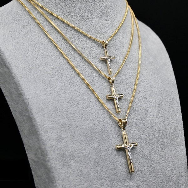 10K Gold Jesus Cross Crucifix Pendant Necklace with 10K Franco Chain | Two Tone Real 10K Yellow White Religious Jewelry 10K Gold Necklace