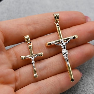 14K Gold Jesus Cross Crucifix Pendant | Two Tone | Real 14K Yellow and White Gold Religious Jewelry | 14K Gold Charm