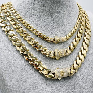14K Real Gold Miami Cuban Link Chain Shiny CZ Box Lock Real 14K Yellow Gold Cuban Curb Chain for Women and Men 7.2mm - 10.6mm - 3.2mm