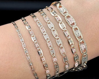 14K Solid Gold Diamantschliff Valentino Armband | Tri Color Gliederkette